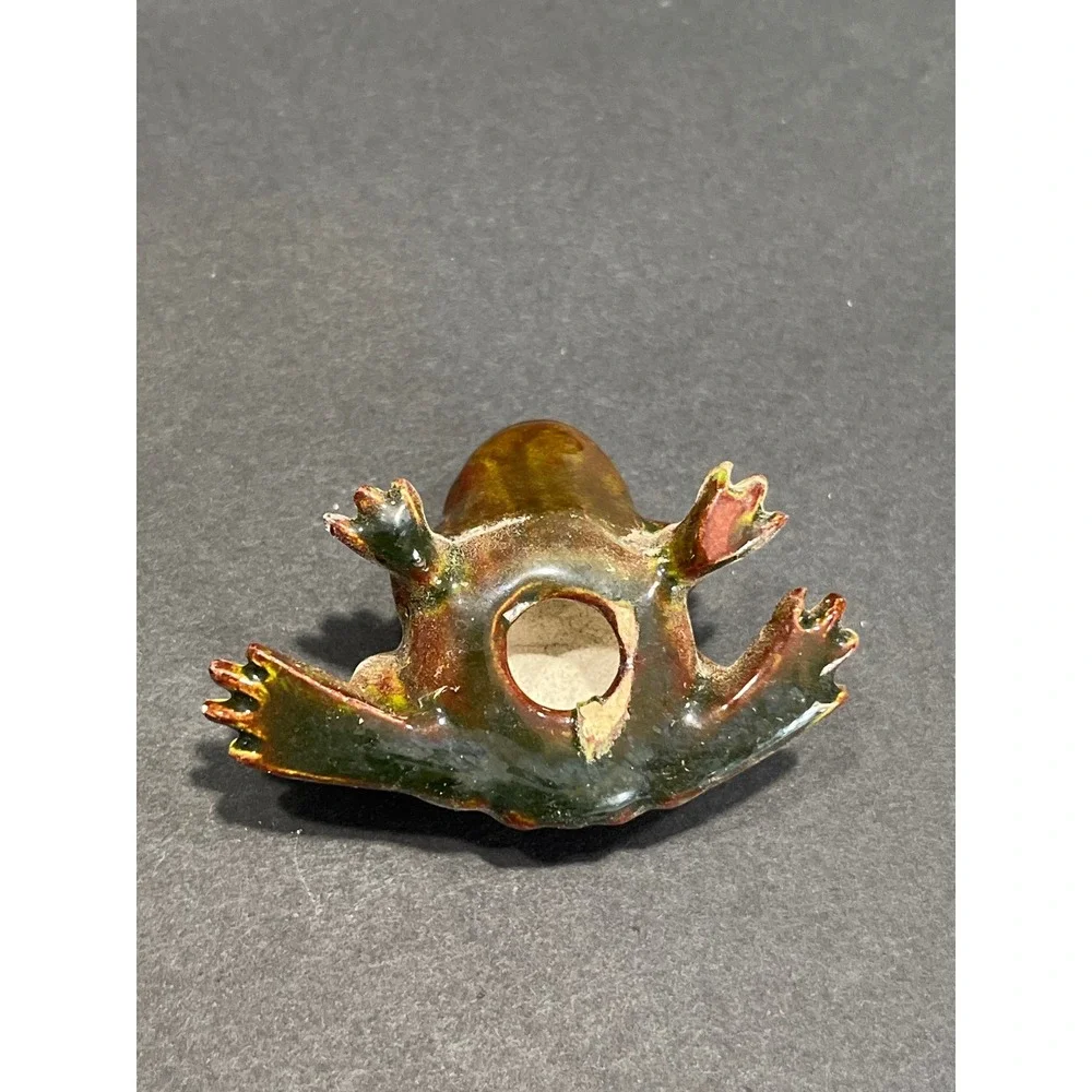 Vintage Ceramic Frog Figurine Brown Green Glazed Pottery Toad Miniature Decor